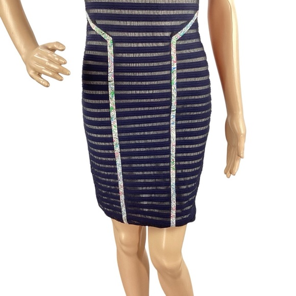 Yigal Azrouël Sheer Striped Bodycon Dress with Floral Trim Navy 2 - Picture 3 of 7